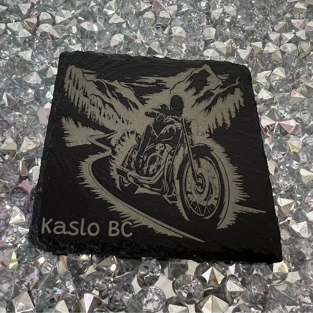 Engraved Slate Coaster kaslo BC with grip bottom raised rock real motorcycle
